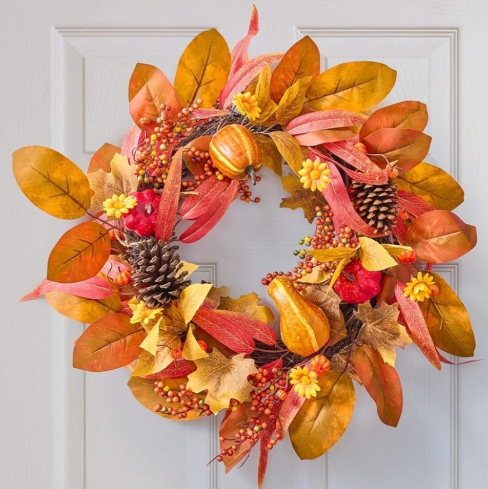 Sunvissh 24" Fall Wreath Autumn Front Door Wreath w/Pumpkin Berry Round Leaves